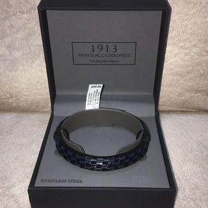 Stainless Steel Mens Woven Leather 8.5” Bracelet
